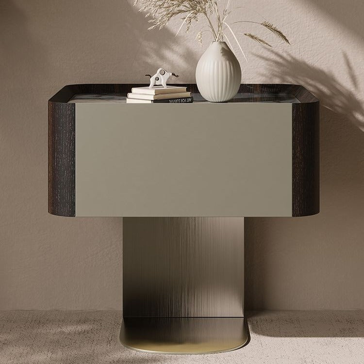 Modern Luxury Square Sintered Stone Top Smoked Wood Veneered Nightstand 1-Drawer For Bedroom