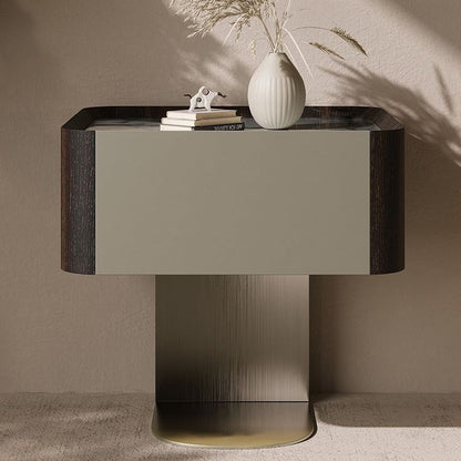 Modern Luxury Square Sintered Stone Top Smoked Wood Veneered Nightstand 1-Drawer For Bedroom