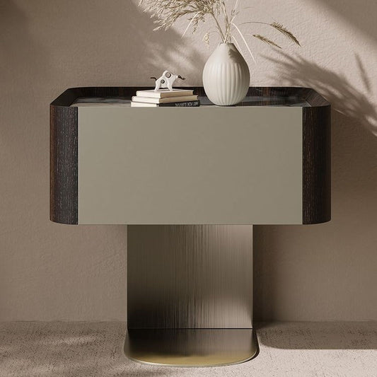 Modern Luxury Square Sintered Stone Top Smoked Wood Veneered Nightstand 1-Drawer For Bedroom