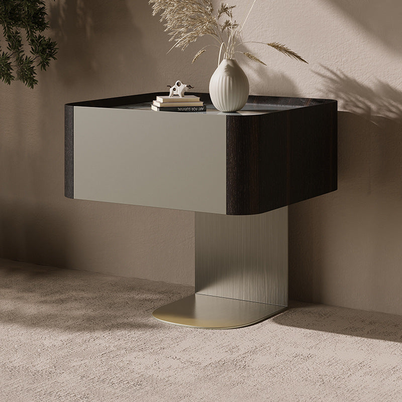 Modern Luxury Square Sintered Stone Top Smoked Wood Veneered Nightstand 1-Drawer For Bedroom