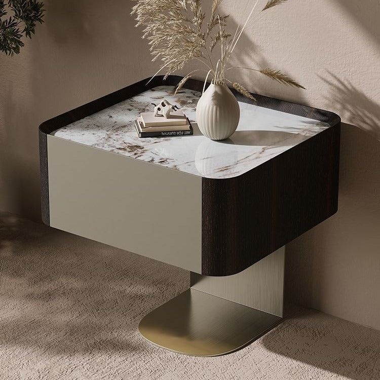 Modern Luxury Square Sintered Stone Top Smoked Wood Veneered Nightstand 1-Drawer For Bedroom