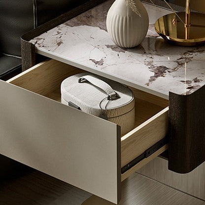 Modern Luxury Square Sintered Stone Top Smoked Wood Veneered Nightstand 1-Drawer For Bedroom