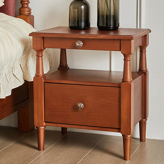Traditional Vintage Square Solid Wood Nightstand 2-Tier Storage Drawer For Bedroom