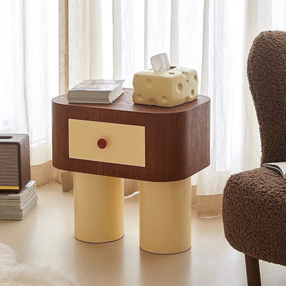 Contemporary Nordic Rounded Square MDF Top Solid Wood Base Nightstand 1-Drawer For Bedroom