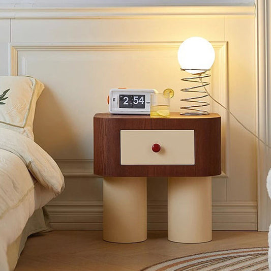 Contemporary Nordic Rounded Square MDF Top Solid Wood Base Nightstand 1-Drawer For Bedroom