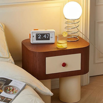 Contemporary Nordic Rounded Square MDF Top Solid Wood Base Nightstand 1-Drawer For Bedroom