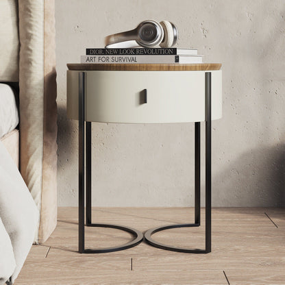 Contemporary Nordic Solid Wood Round Top Iron Nightstand 1-Drawer For Bedroom