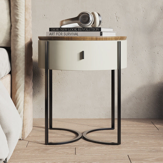 Contemporary Nordic Solid Wood Round Top Iron Nightstand 1-Drawer For Bedroom