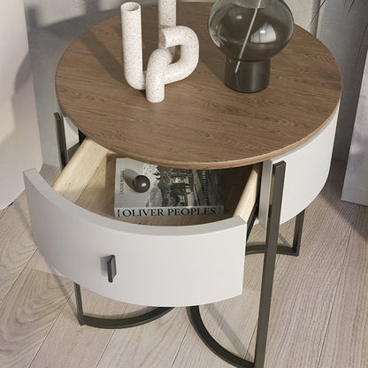 Contemporary Nordic Solid Wood Round Top Iron Nightstand 1-Drawer For Bedroom