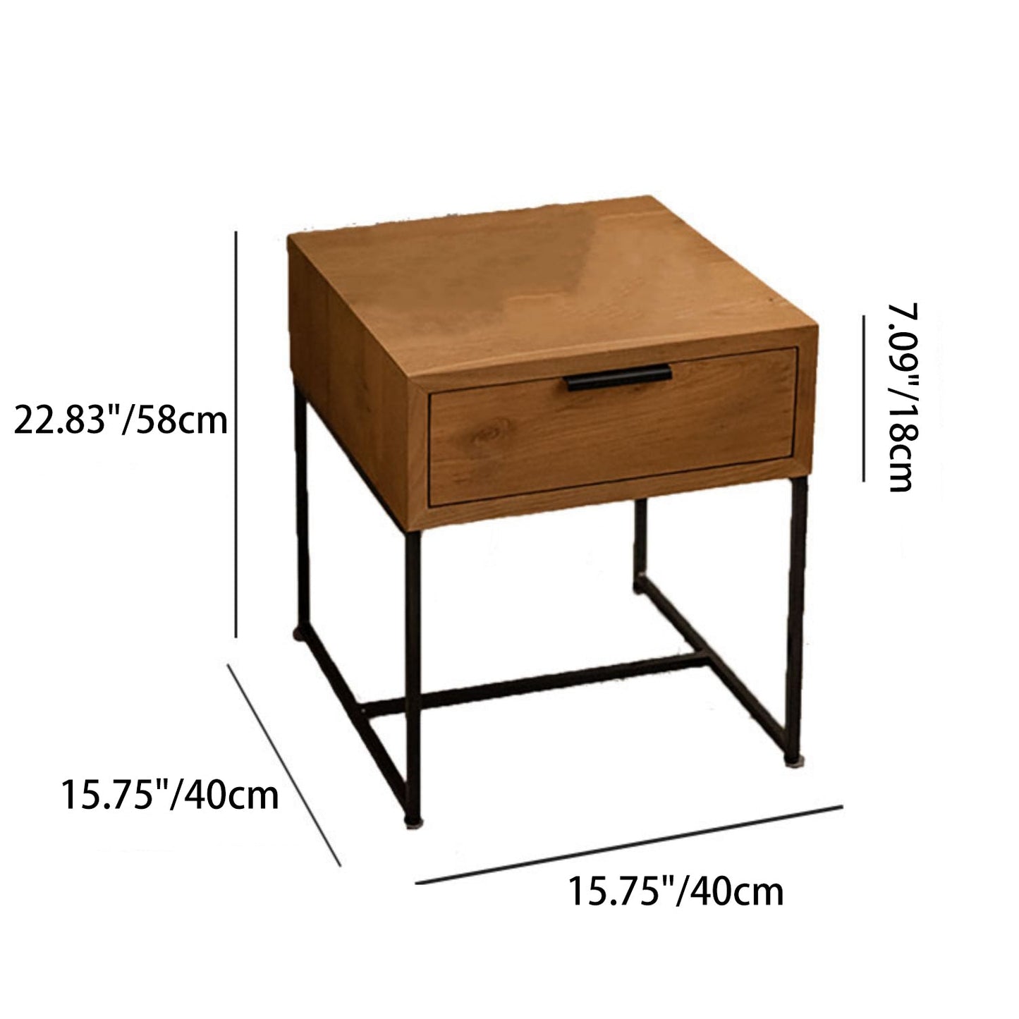 Traditional Japanese Solid Wood Iron Base Rectangular Nightstand 1-Drawer For Bedroom