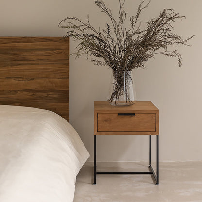 Traditional Japanese Solid Wood Iron Base Rectangular Nightstand 1-Drawer For Bedroom