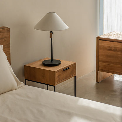 Traditional Japanese Solid Wood Iron Base Rectangular Nightstand 1-Drawer For Bedroom