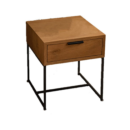 Traditional Japanese Solid Wood Iron Base Rectangular Nightstand 1-Drawer For Bedroom