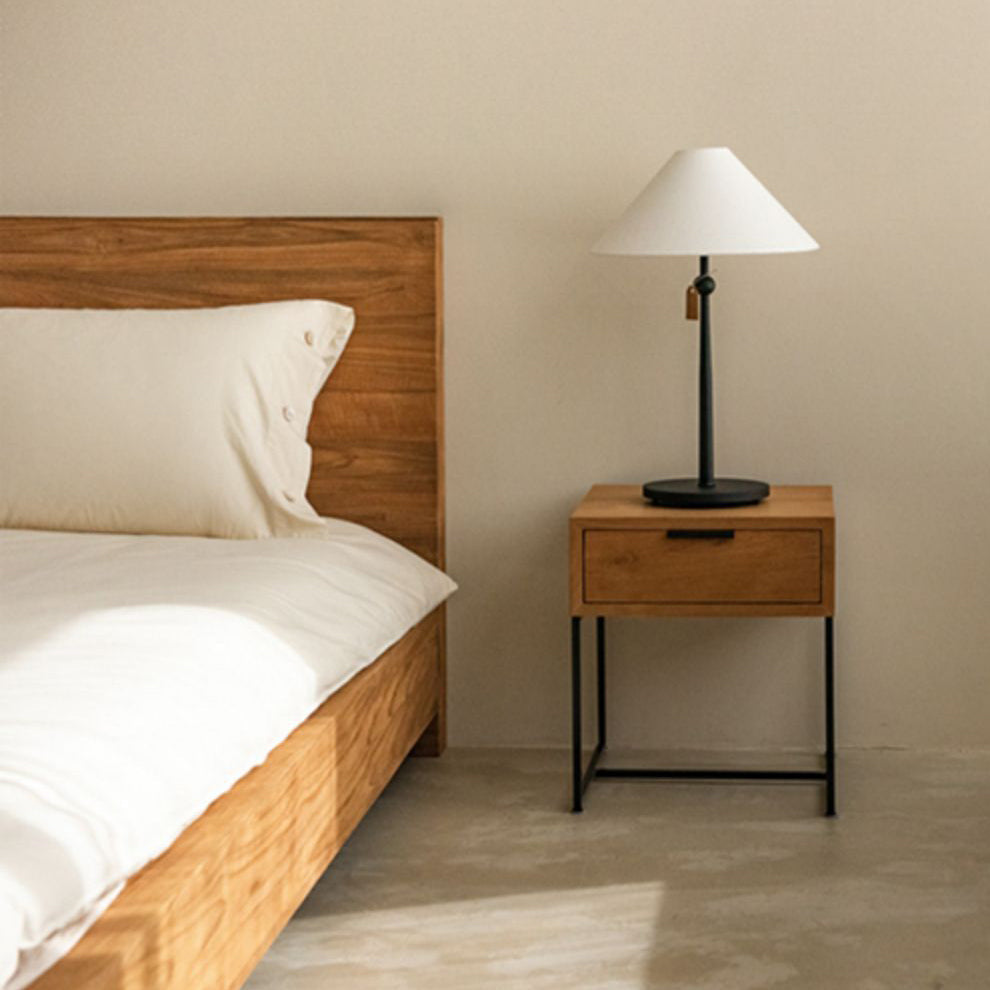 Traditional Japanese Solid Wood Iron Base Rectangular Nightstand 1-Drawer For Bedroom