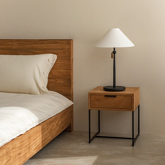 Traditional Japanese Solid Wood Iron Base Rectangular Nightstand 1-Drawer For Bedroom