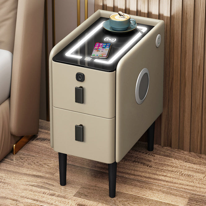 Contemporary Luxury Narrow Rectangular Glass Top Microfiber Leather Veneered Multi-Functional Nightstand 2-Drawer For Bedroom
