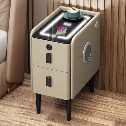 Contemporary Luxury Narrow Rectangular Glass Top Microfiber Leather Veneered Multi-Functional Nightstand 2-Drawer For Bedroom