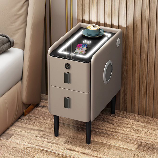 Contemporary Luxury Narrow Rectangular Glass Top Microfiber Leather Veneered Multi-Functional Nightstand 2-Drawer For Bedroom
