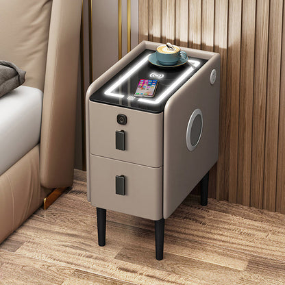 Contemporary Luxury Narrow Rectangular Glass Top Microfiber Leather Veneered Multi-Functional Nightstand 2-Drawer For Bedroom