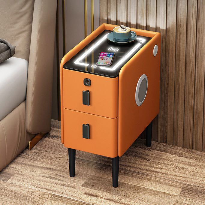 Contemporary Luxury Narrow Rectangular Glass Top Microfiber Leather Veneered Multi-Functional Nightstand 2-Drawer For Bedroom