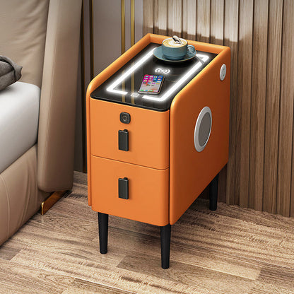 Contemporary Luxury Narrow Rectangular Glass Top Microfiber Leather Veneered Multi-Functional Nightstand 2-Drawer For Bedroom