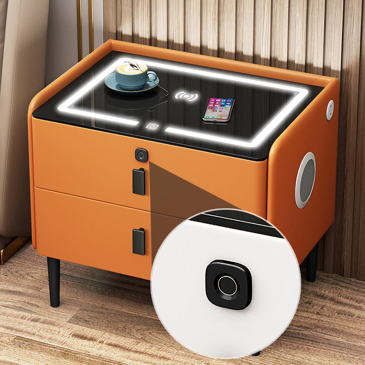 Contemporary Luxury Narrow Rectangular Glass Top Microfiber Leather Veneered Multi-Functional Nightstand 2-Drawer For Bedroom