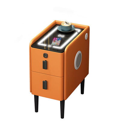 Contemporary Luxury Narrow Rectangular Glass Top Microfiber Leather Veneered Multi-Functional Nightstand 2-Drawer For Bedroom