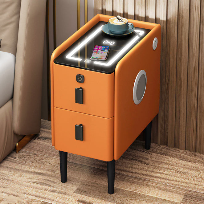 Contemporary Luxury Narrow Rectangular Glass Top Microfiber Leather Veneered Multi-Functional Nightstand 2-Drawer For Bedroom