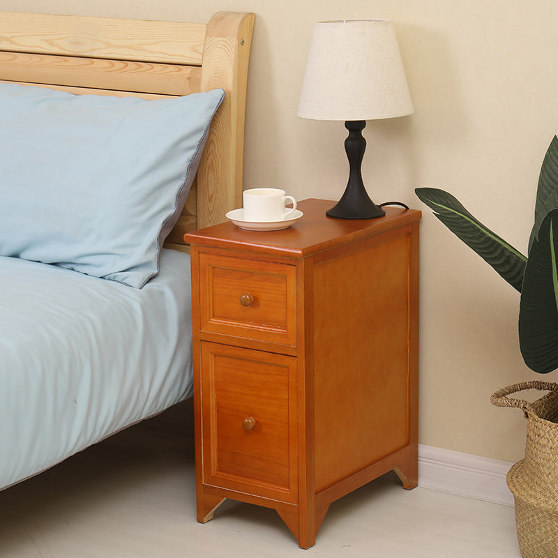 Traditional Japanese Ultra Thin Solid Wood Rectangular Nightstand Storage Organizer 2-Drawer For Bedroom