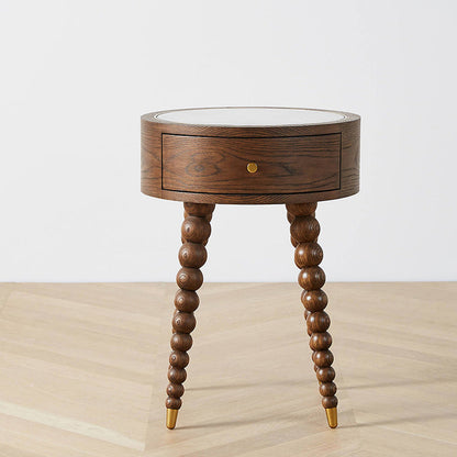 Traditional European Round Walnut Wood Grain Roman Column Base Nightstand 1-Drawer For Bedroom