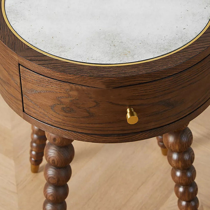 Traditional European Round Walnut Wood Grain Roman Column Base Nightstand 1-Drawer For Bedroom