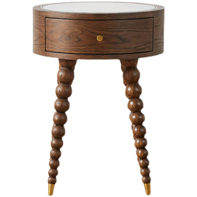 Traditional European Round Walnut Wood Grain Roman Column Base Nightstand 1-Drawer For Bedroom