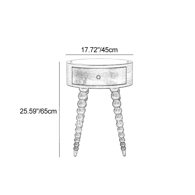 Traditional European Round Walnut Wood Grain Roman Column Base Nightstand 1-Drawer For Bedroom