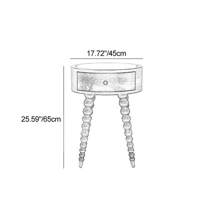 Traditional European Round Walnut Wood Grain Roman Column Base Nightstand 1-Drawer For Bedroom
