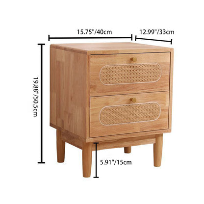 Traditional Vintage Square Solid Wood Top Rattan Woven Nightstand 2-Drawer For Bedroom