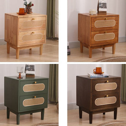 Traditional Vintage Square Solid Wood Top Rattan Woven Nightstand 2-Drawer For Bedroom