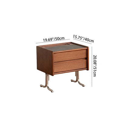 Traditional Vintage Sintered Stone Rectangular Top Solid Wood T-Shaped Stainless Steel Legs Nightstand 2-Drawer For Bedroom