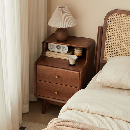 Traditional Japanese Square Solid Wood Top Nightstand 2-Tier Storage Drawer For Bedroom