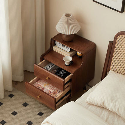 Traditional Japanese Square Solid Wood Top Nightstand 2-Tier Storage Drawer For Bedroom