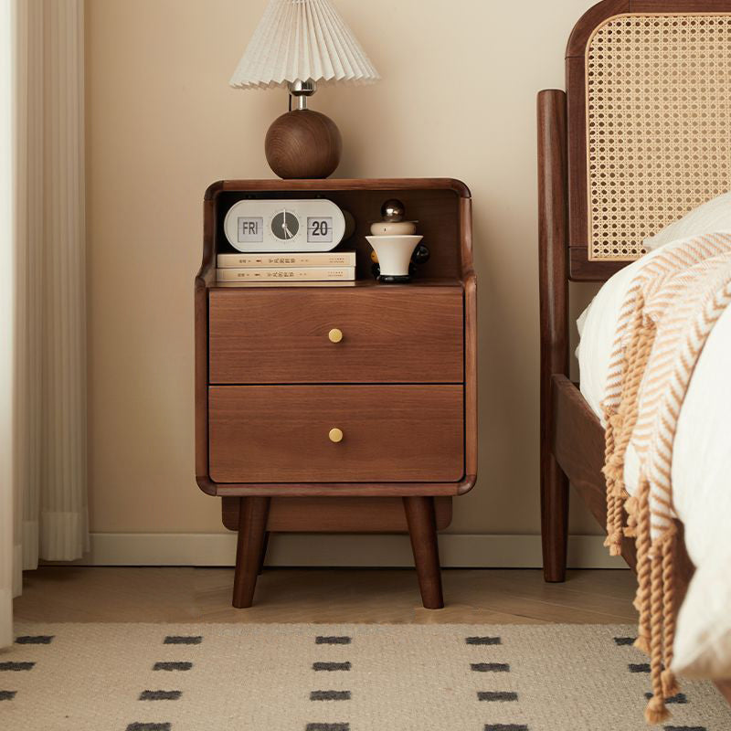 Traditional Japanese Square Solid Wood Top Nightstand 2-Tier Storage Drawer For Bedroom