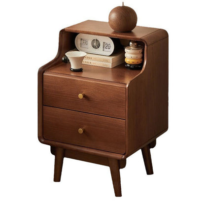 Traditional Japanese Square Solid Wood Top Nightstand 2-Tier Storage Drawer For Bedroom