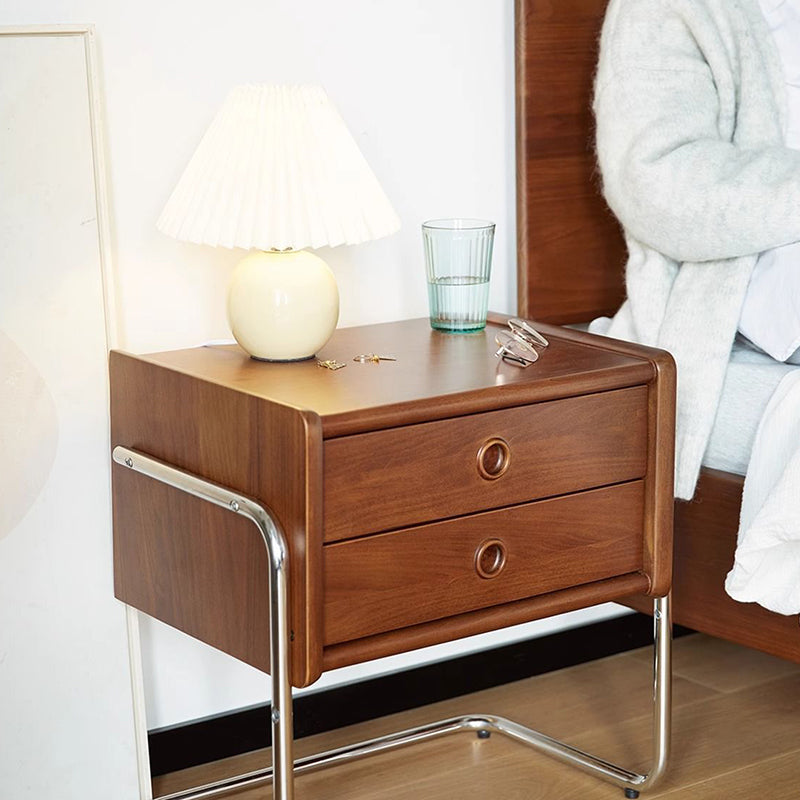 Contemporary Retro Rectangular Solid Wood Metal Frame Nightstand 2-Drawer For Bedroom