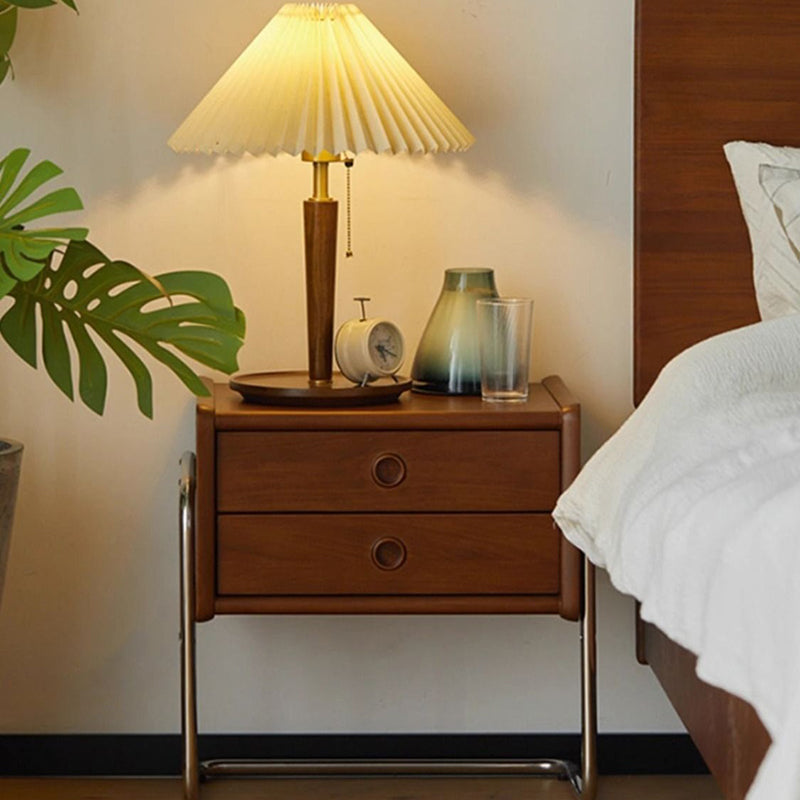 Contemporary Retro Rectangular Solid Wood Metal Frame Nightstand 2-Drawer For Bedroom