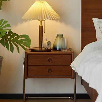 Contemporary Retro Rectangular Solid Wood Metal Frame Nightstand 2-Drawer For Bedroom