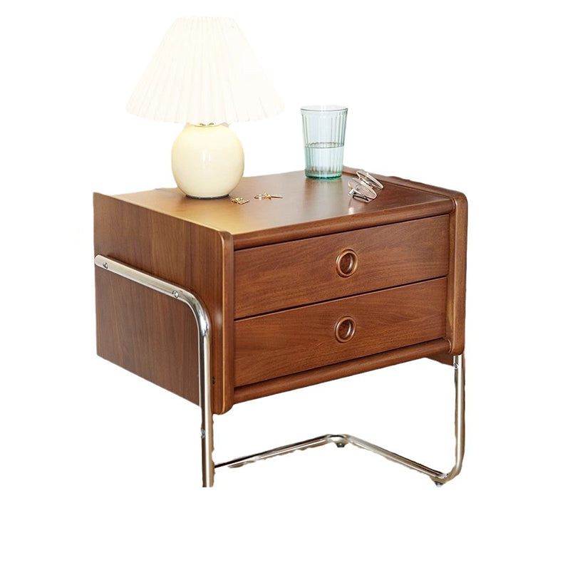Contemporary Retro Rectangular Solid Wood Metal Frame Nightstand 2-Drawer For Bedroom
