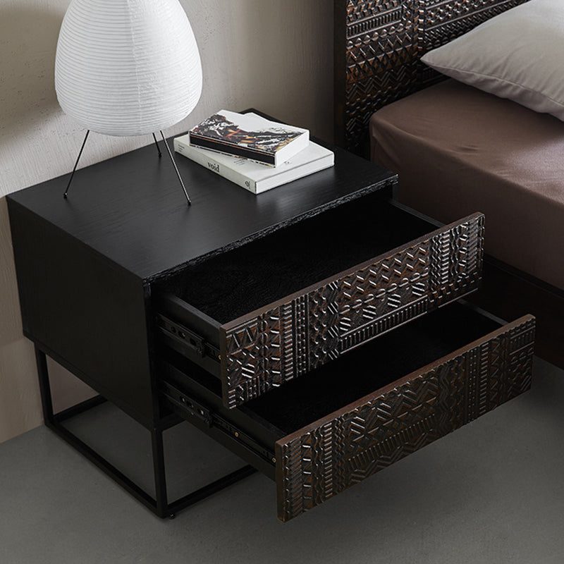 Contemporary Simplicity Solid Wood Carving Cuboid Nightstand 2-Drawer For Bedroom