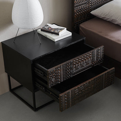 Contemporary Simplicity Solid Wood Carving Cuboid Nightstand 2-Drawer For Bedroom