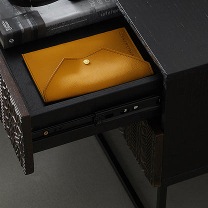 Contemporary Simplicity Solid Wood Carving Cuboid Nightstand 2-Drawer For Bedroom