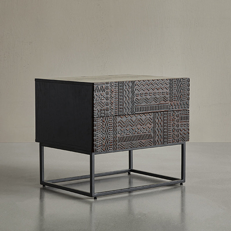 Contemporary Simplicity Solid Wood Carving Cuboid Nightstand 2-Drawer For Bedroom