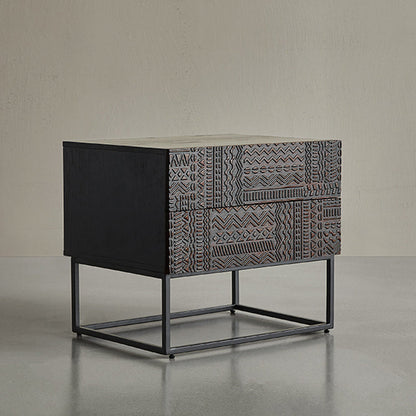 Contemporary Simplicity Solid Wood Carving Cuboid Nightstand 2-Drawer For Bedroom